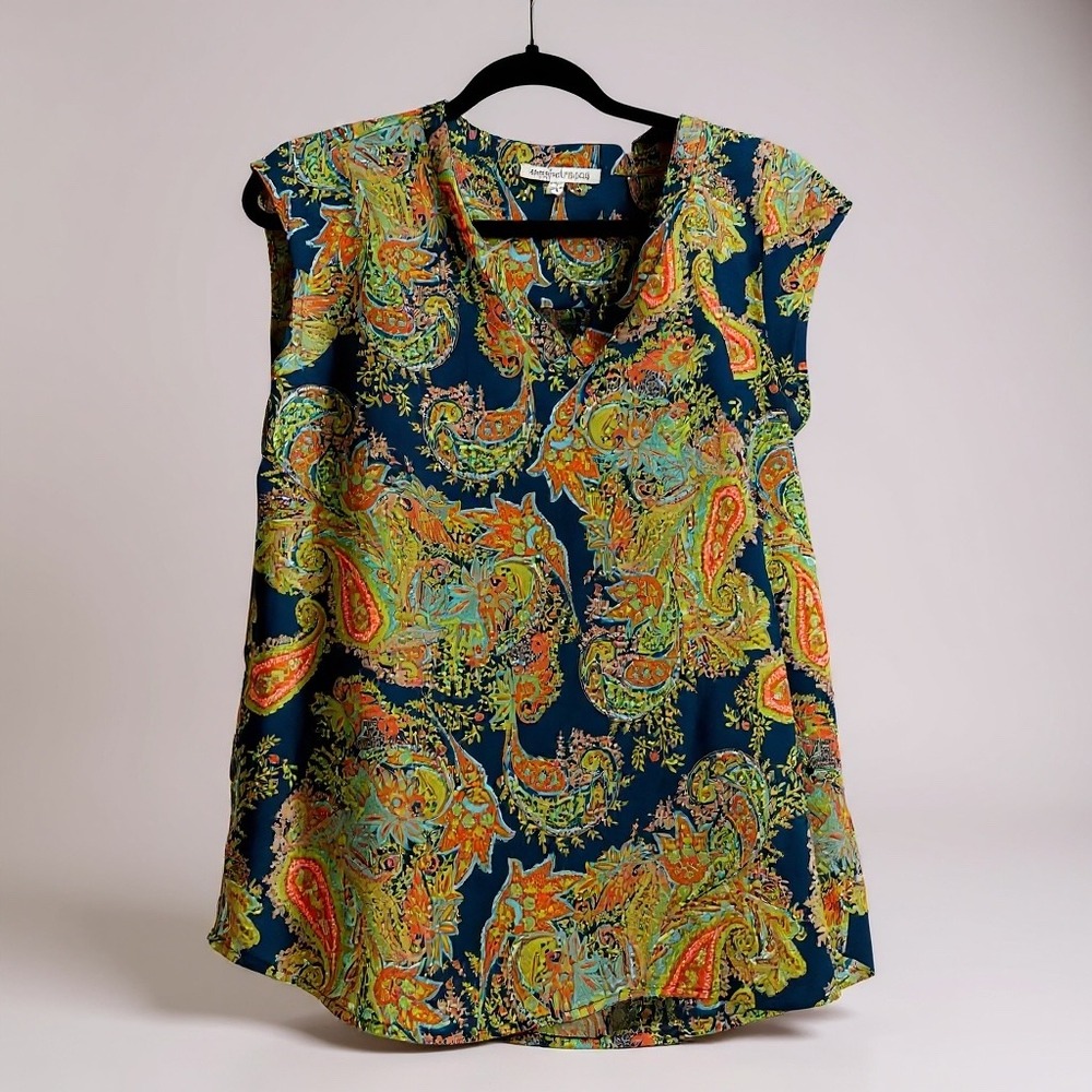 Daniel Rainn Women's Blue Paisley V‎ Neck Sleeveless Blouse Top Size S